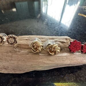 3 Pair Earrings - floral, gold, red